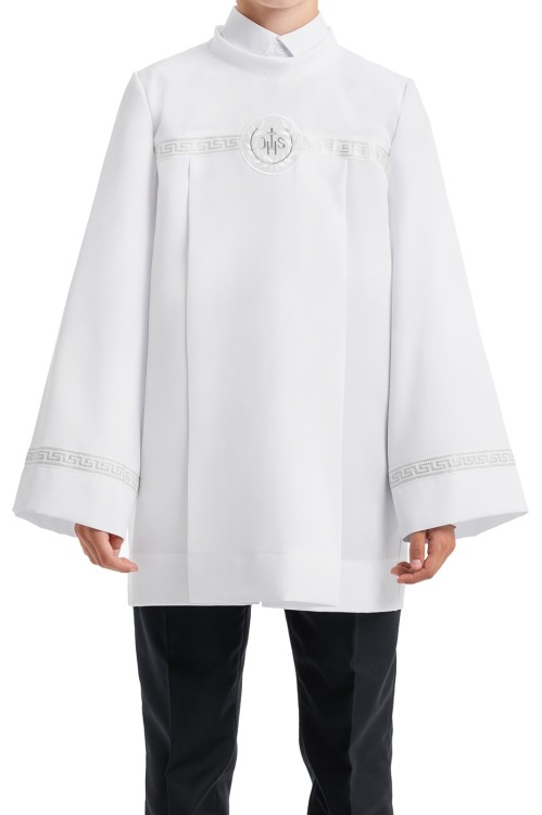 Alba komunijna o krótkim kroju dla chłopca Jan srebrna 3